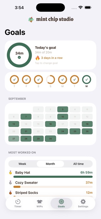 Stitch Clock goals screen with a daily goal ring and streak